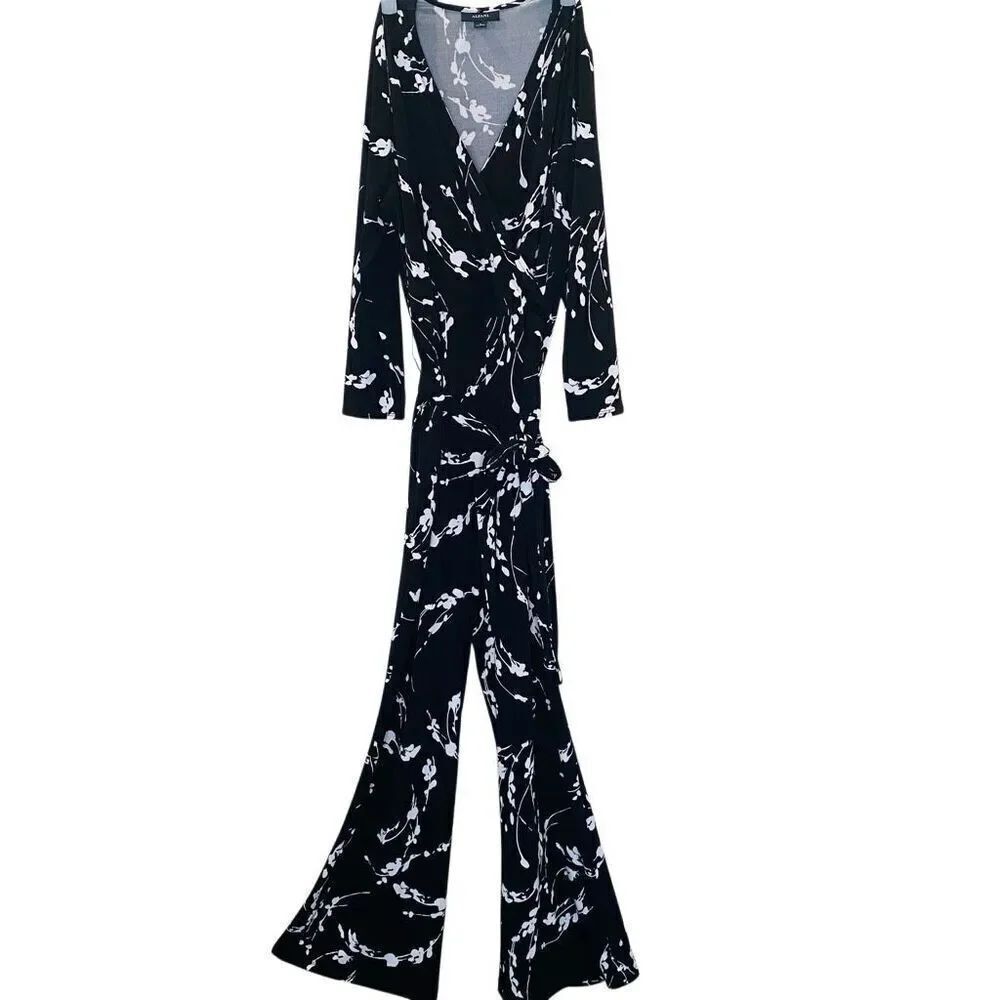 Alfani Printed Faux Wrap Surplice Tie Waist Wide Leg Jumpsuit Black White Small
